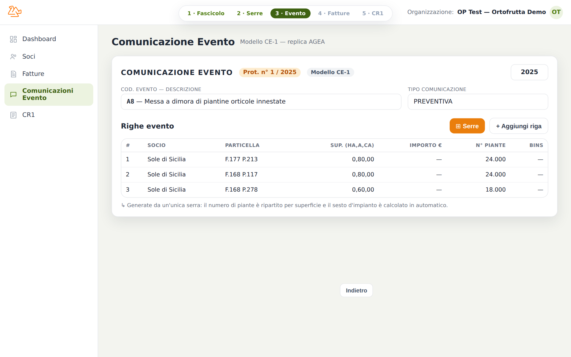 Comunicazioni Evento — schermata 3